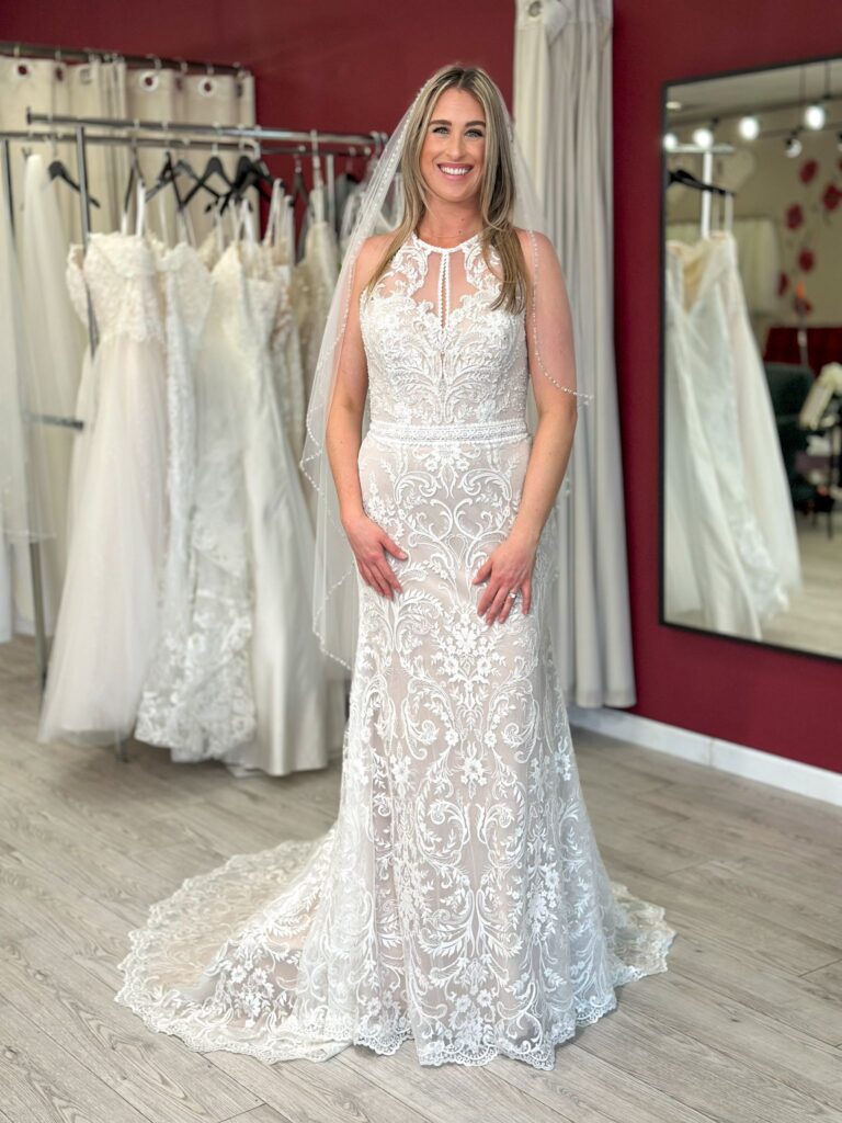 fitted lace wedding dress under 1000 in whittier california bridal store