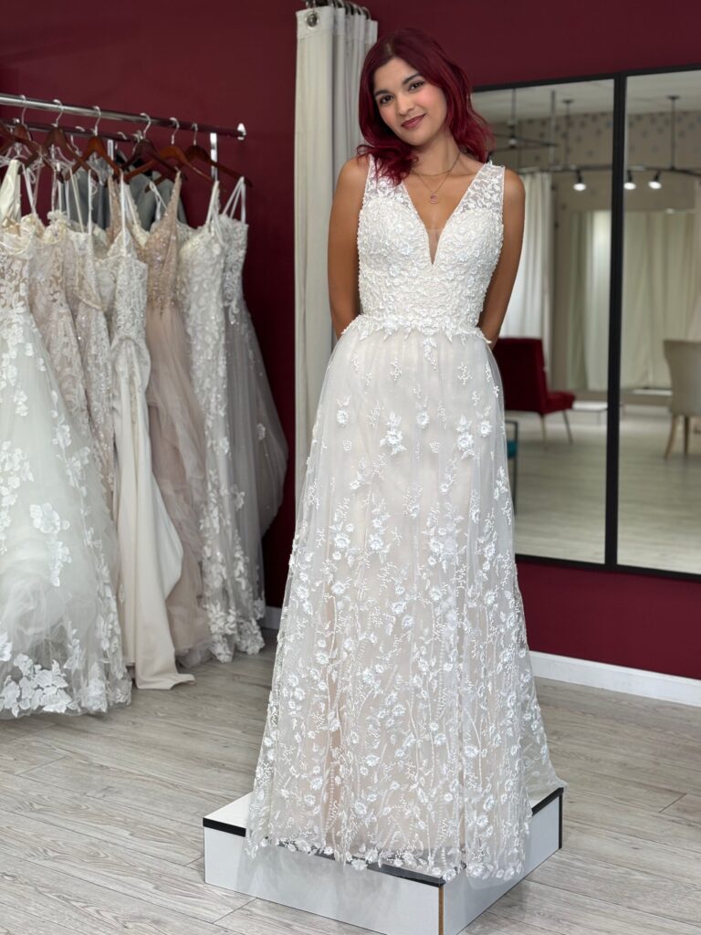 bride wearing off the rack budget friendly vneck beach wedding dress in los angeles area bridal shop