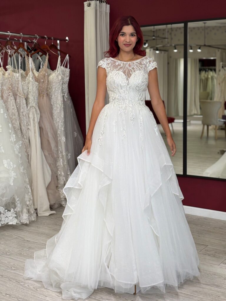 long sleeve inexpensive modest high neck layered wedding dress in whittier california bridal shop