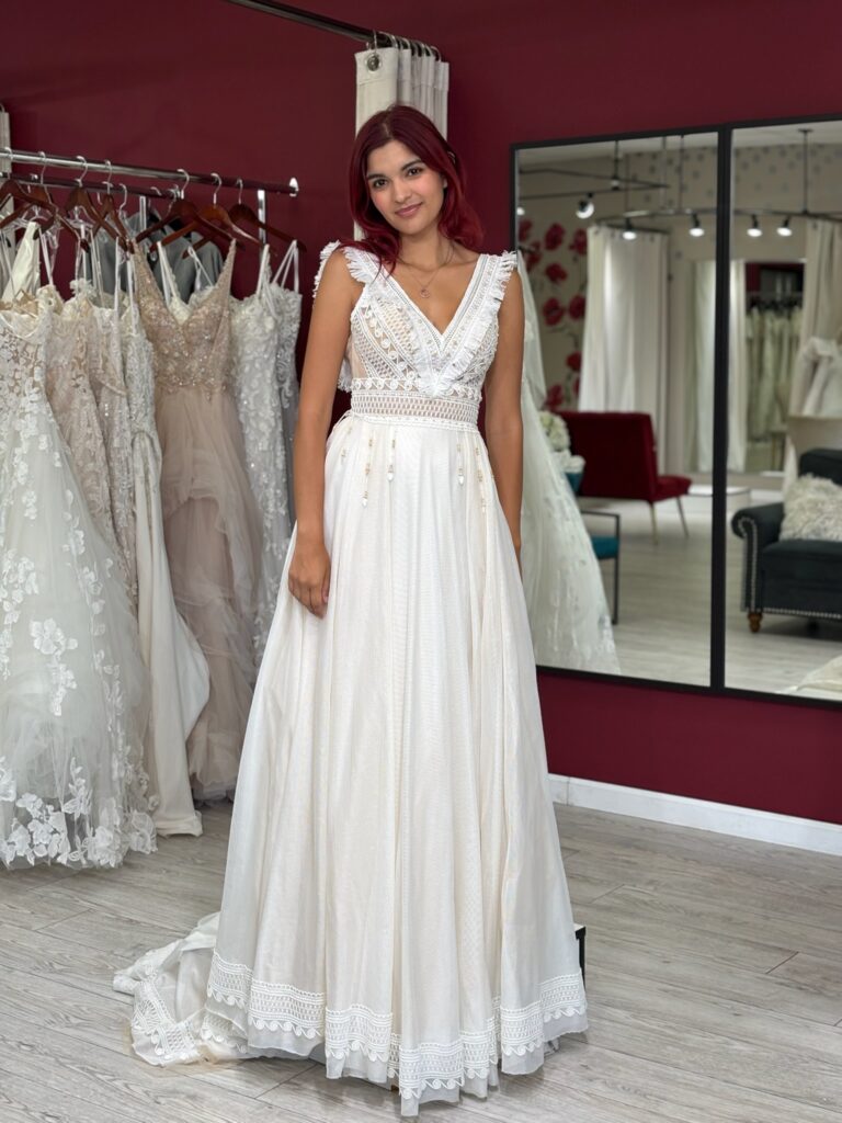 vneck boho aline wedding dress in los angeles bridal store