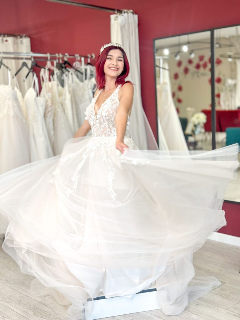 bride wearing off the rack budget friendly vneck beach wedding dress in los angeles area bridal shop