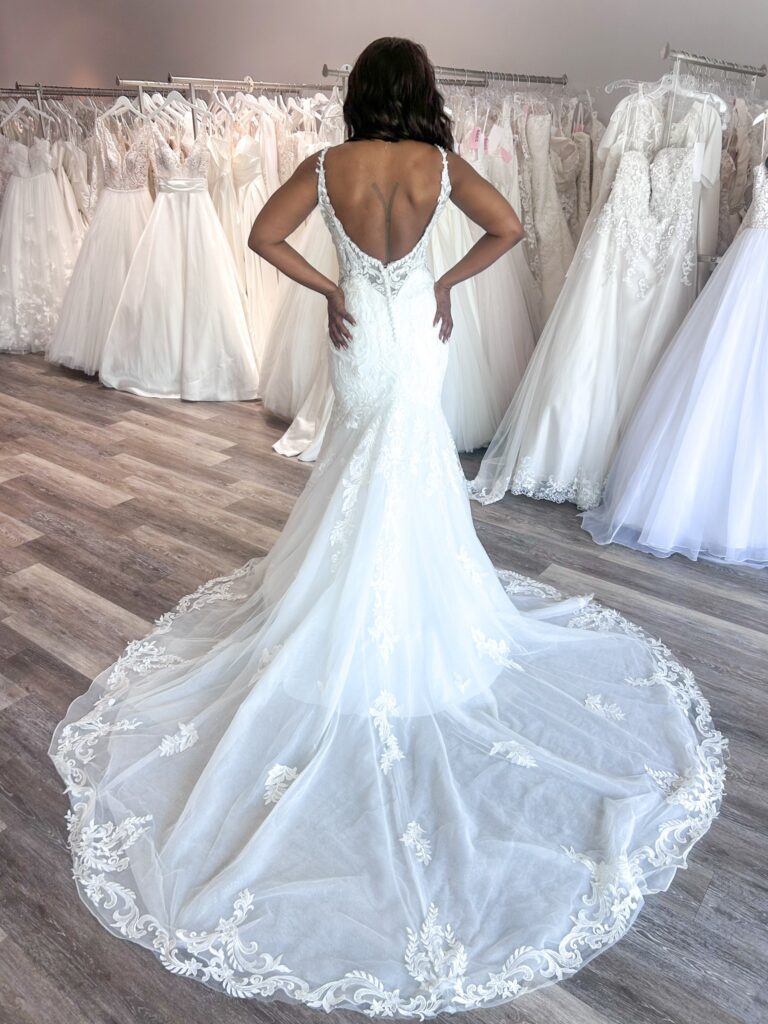 unique wedding dress train in off the rack wedding dress store in east bay near san francisco