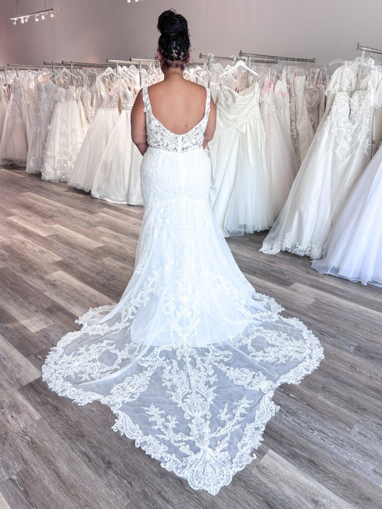 unique wedding dress train in off the rack wedding dress store in east bay near san francisco