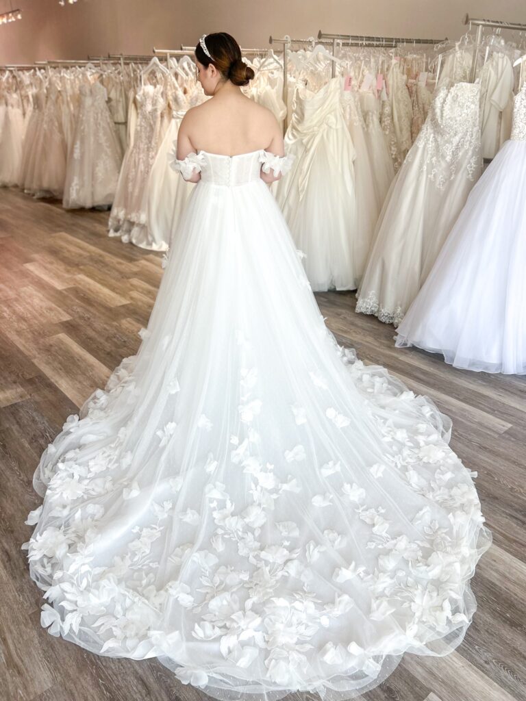 unique wedding dress train in off the rack wedding dress store in east bay near san francisco