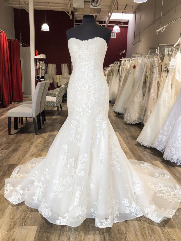 strapless scoop neck lace trumpet wedding dress from Maggie Sottero
