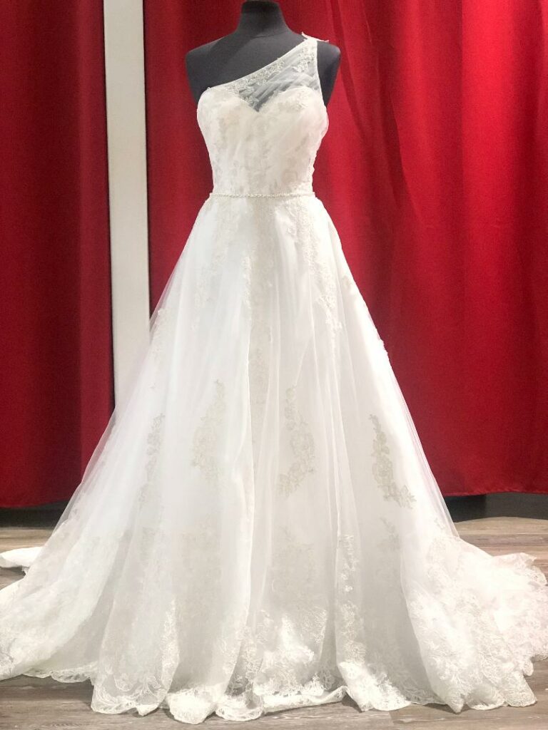 one shoulder lace white wedding dress