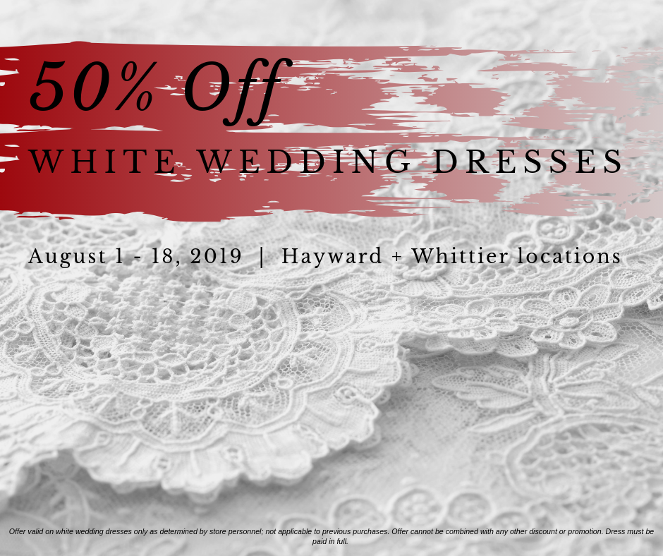 white wedding dresses 50% off