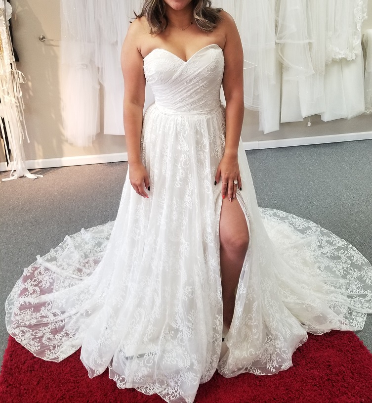 strapless lace boho wedding dress with slit