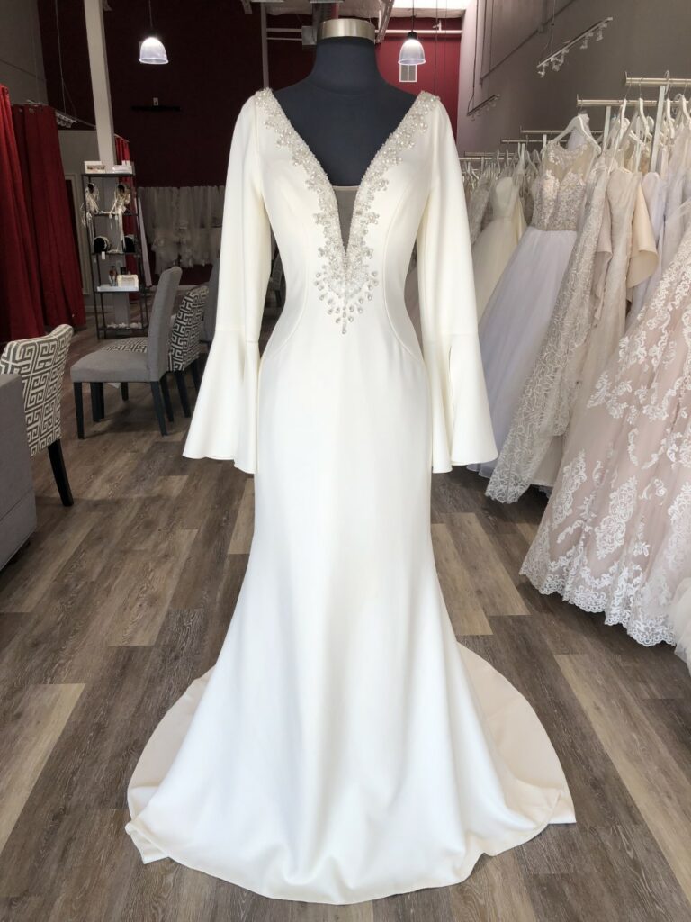 bell sleeve long sleeve plunge front sexy unique crepe wedding dress