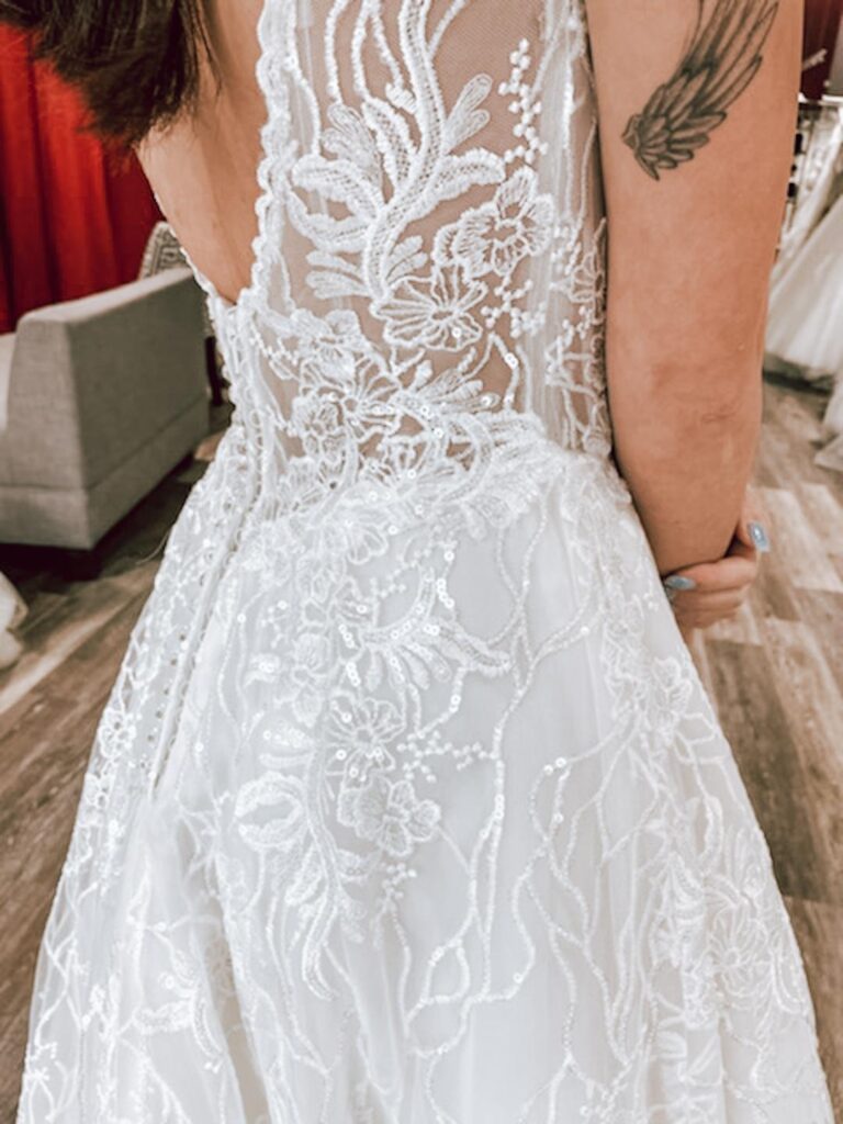illusion bodice detail on sequin lace aline wedding dress