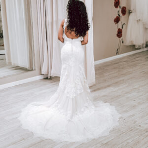 bride wearing off the rack wedding dress at whittier bridal boutique
