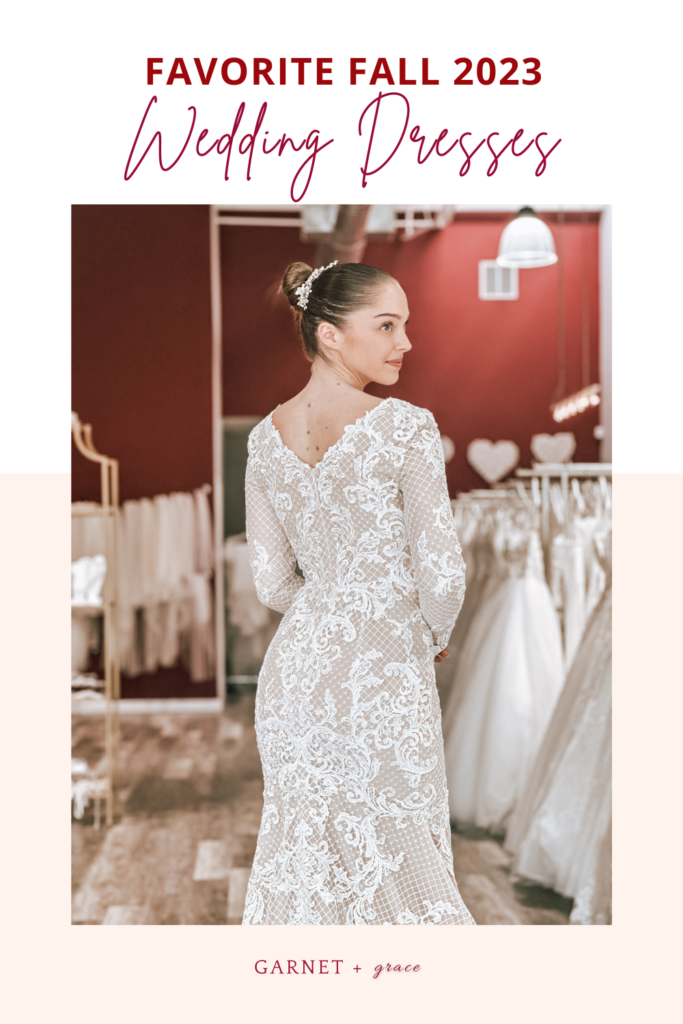 bride wearing long sleeve two tone lace wedding dress