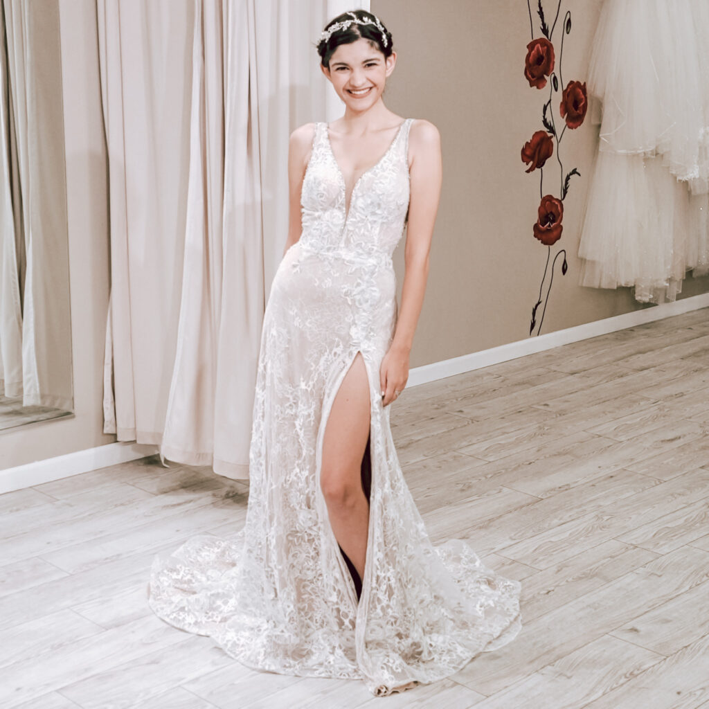 vneck blush lace wedding dress with high slit los angeles california