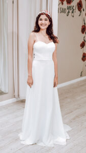bride wearing simple aline wedding dress whittier california bridal store