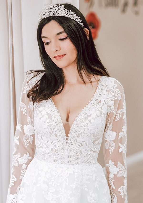 aline wedding dress with long sleeves whittier california bridal shop