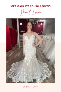 bride wearing ornate lace mermaid wedding dress in east bay discount bridal store