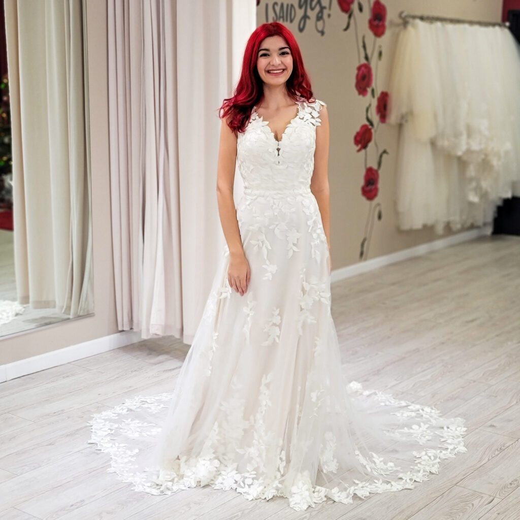 bride wearing tulle and lace aline wedding dress whittier california bridal shop