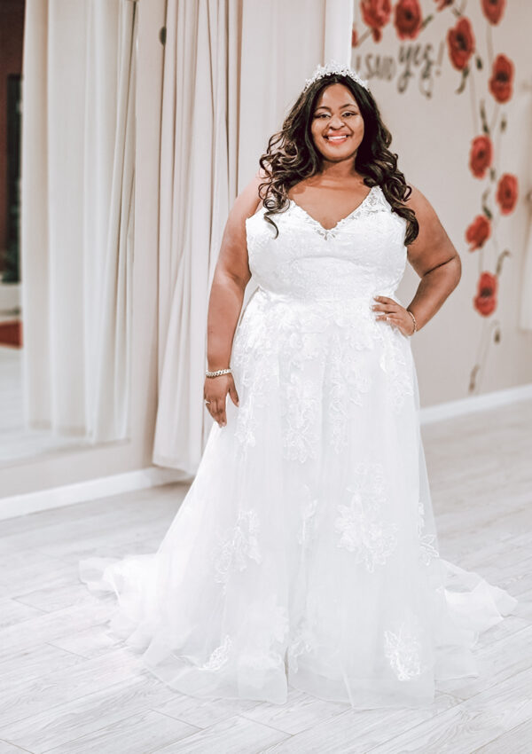 plus size vneck lace wedding dress aline whittier california bridal shop