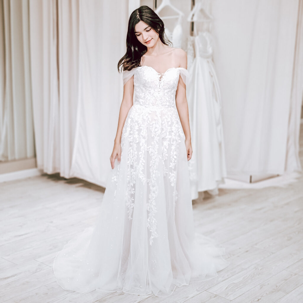 off the shoulder lace aline wedding dress