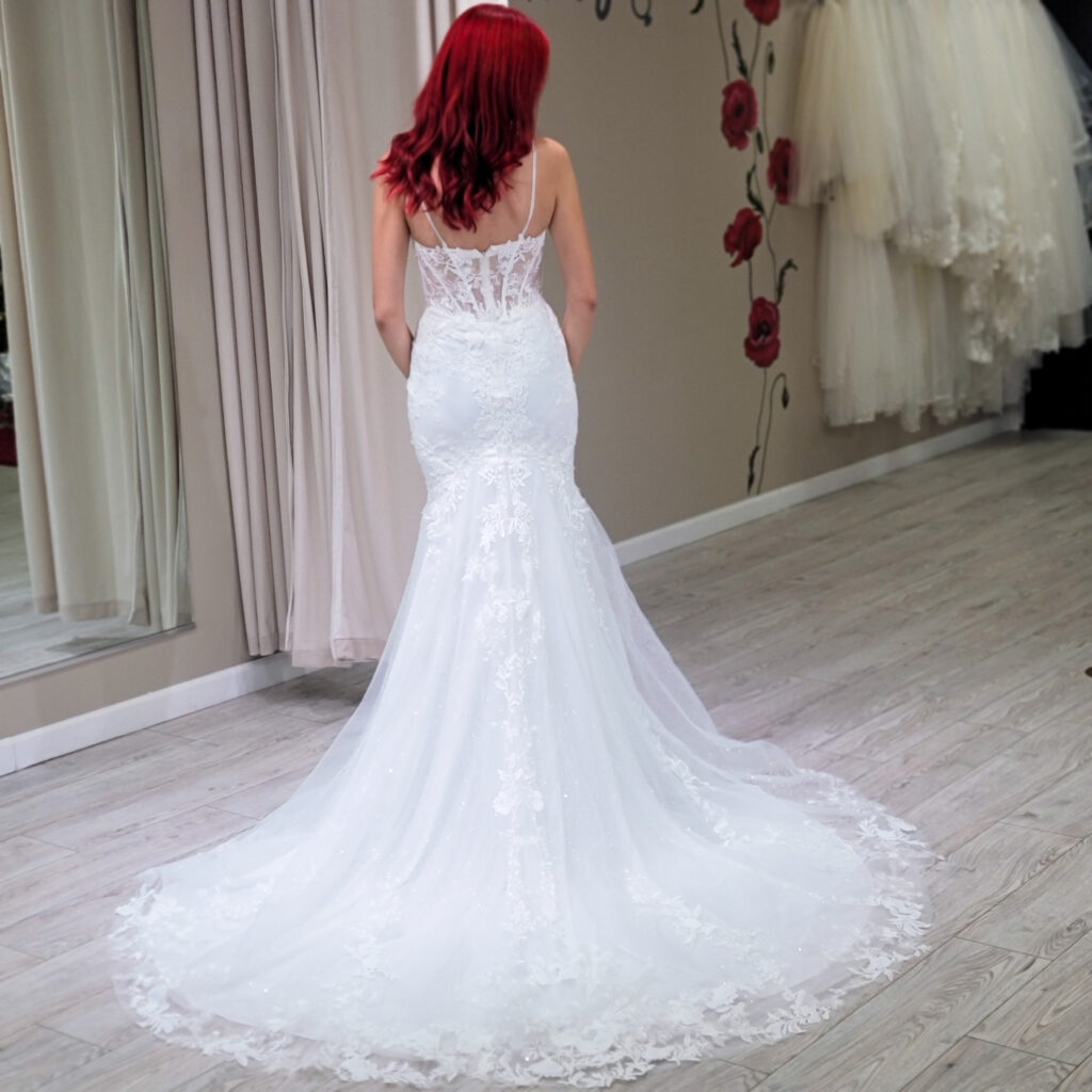bride wearing tulle and lace mermaid wedding dress whittier california bridal shop