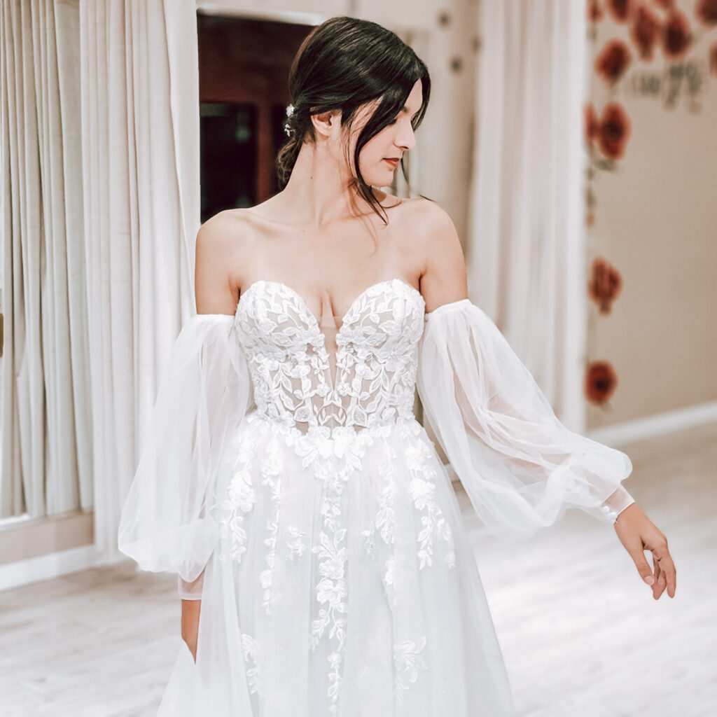 strapless lace aline wedding dress with puffy wedding sleeves