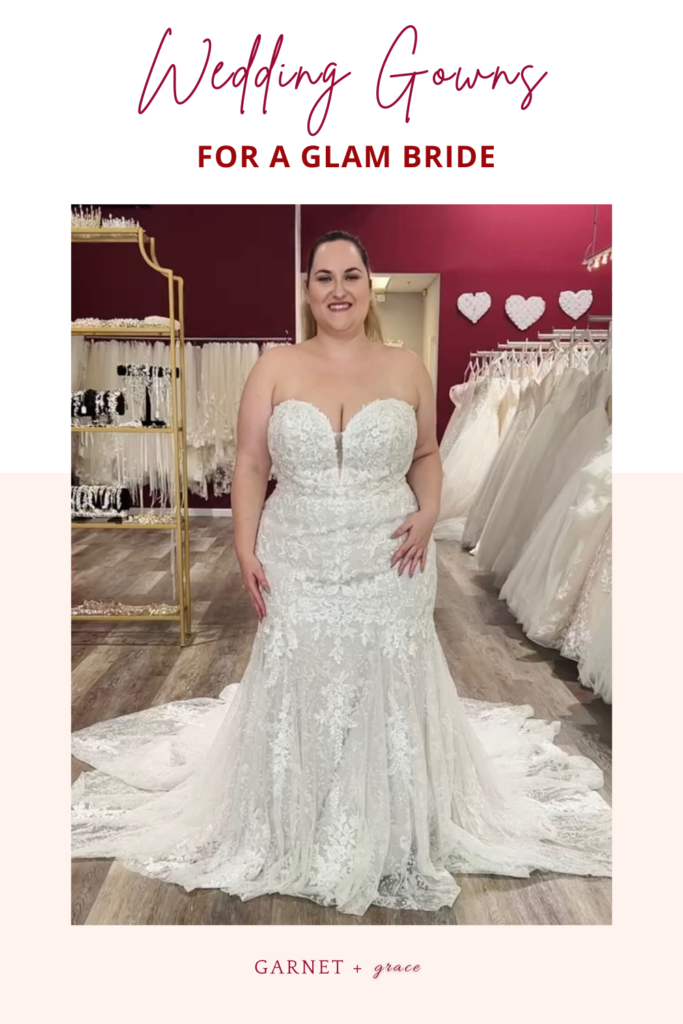 plus size bride wearing mermaid lace wedding dress hayward california bridal shop