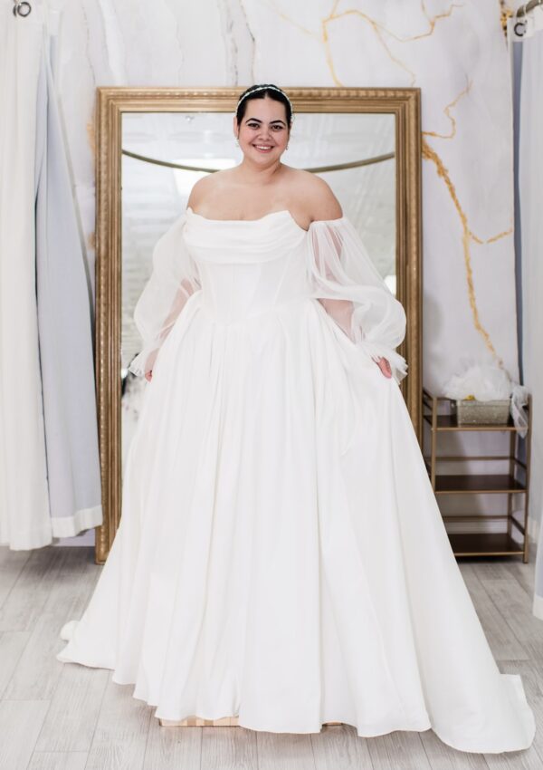 simple plus size wedding dress ballgown with sleeves whittier california bridal shop