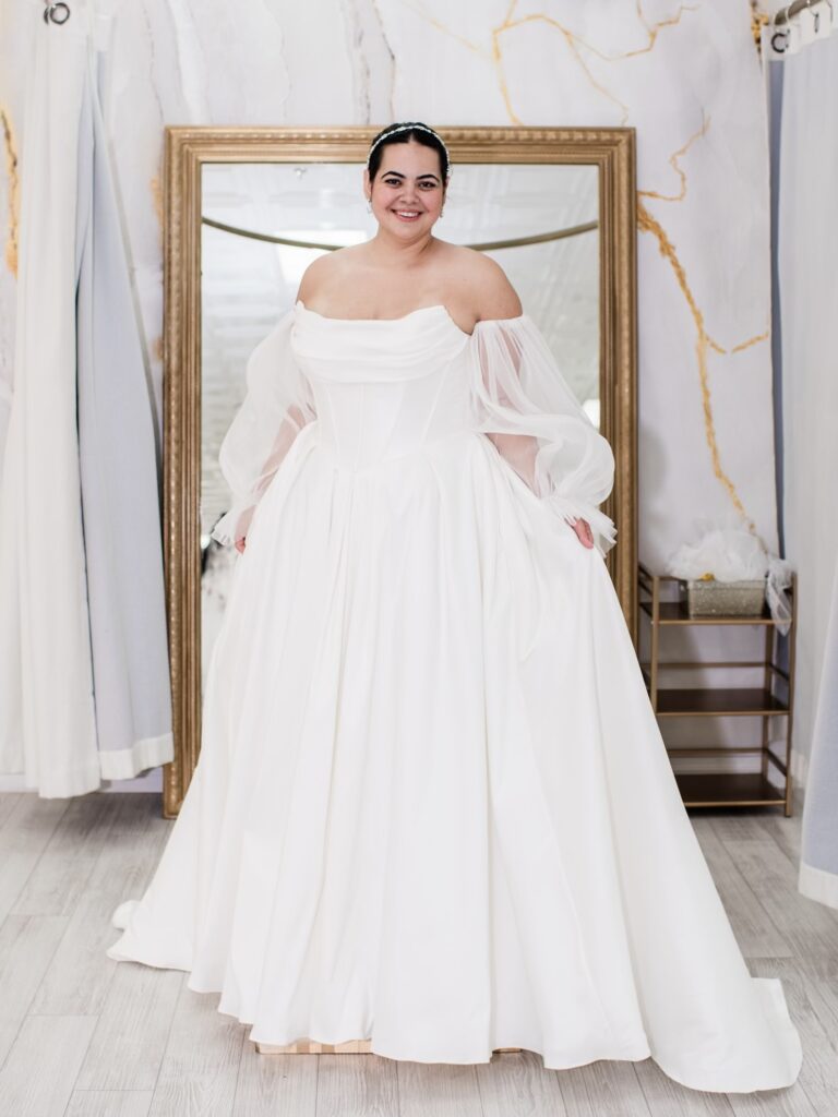 simple plus size wedding dress ballgown with sleeves whittier california bridal shop