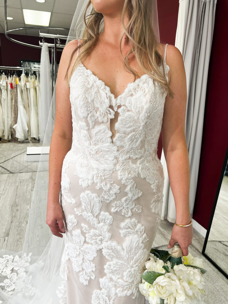 close up of fitted lace wedding dress for a winter wedding