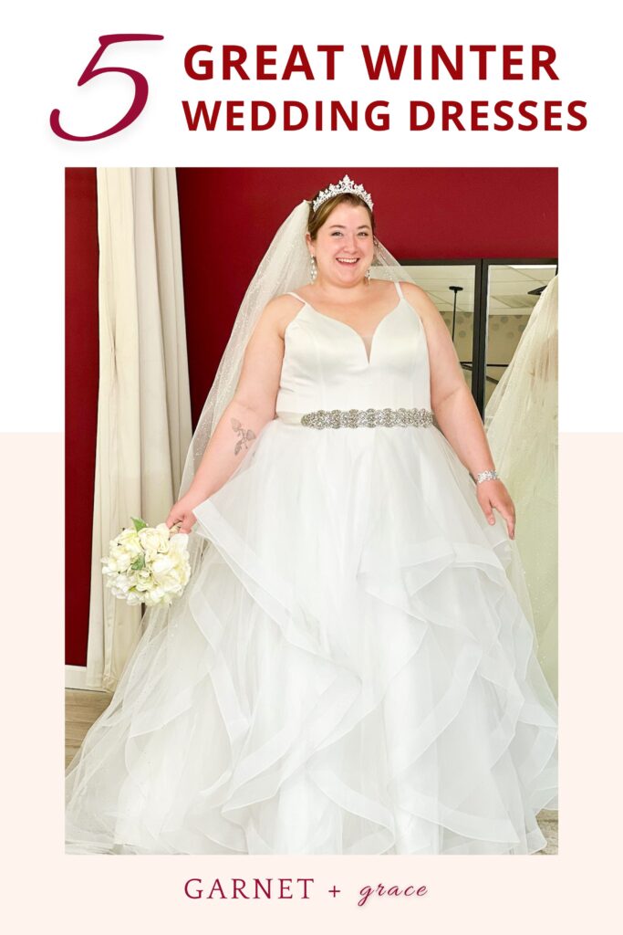 plus size bride wearing ruffled winter wedding dress in whittier california bridal shop