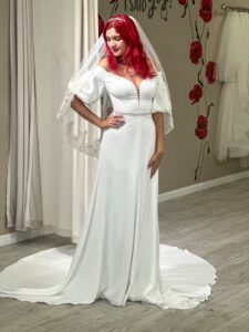 bride wearing crepe destination wedding dress in los angeles bridal shop