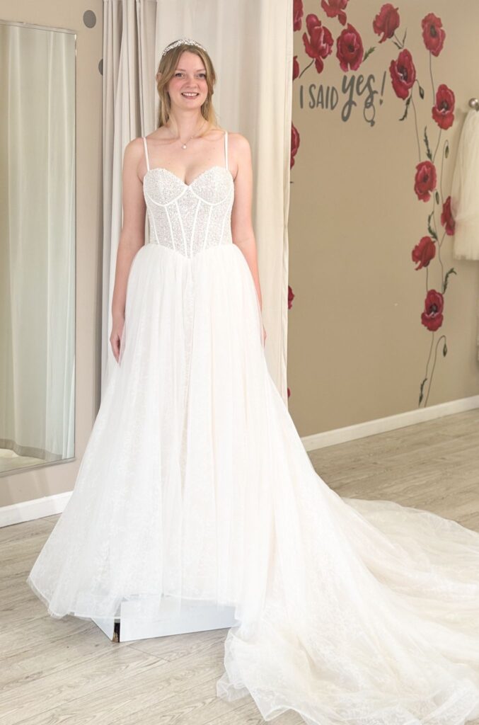 basque waist ballgown wedding dress in whittier california bridal store