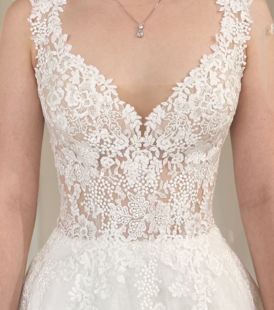 vneck wedding dress with chantilly lace in whittier california off the rack bridal store