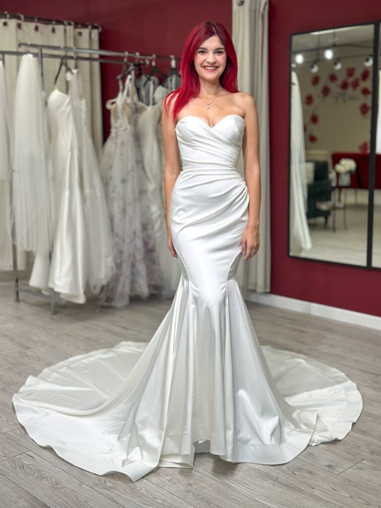 satin mermaid wedding dress in whittier california bridal store