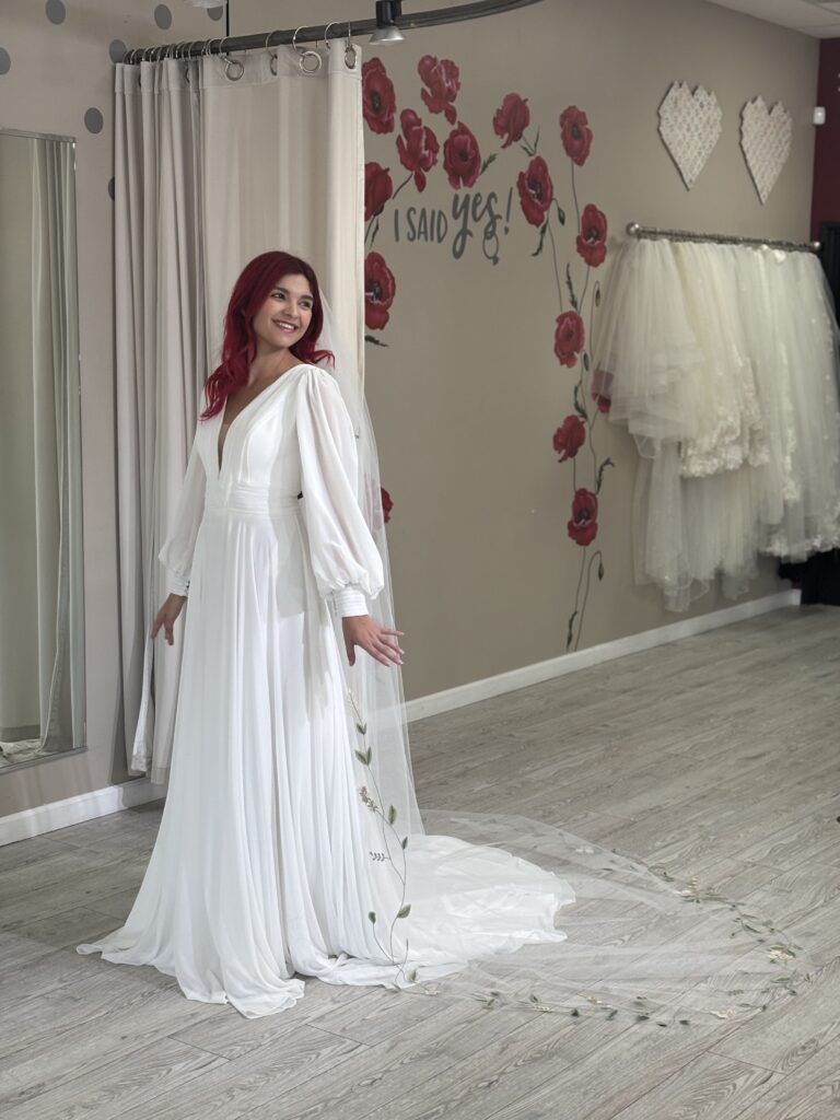 long sleeve chiffon wedding dress los angeles california bridal shop