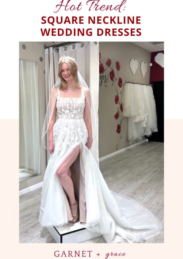 bride wearing square neckline wedding dress in off the rack bridal store whittier california
