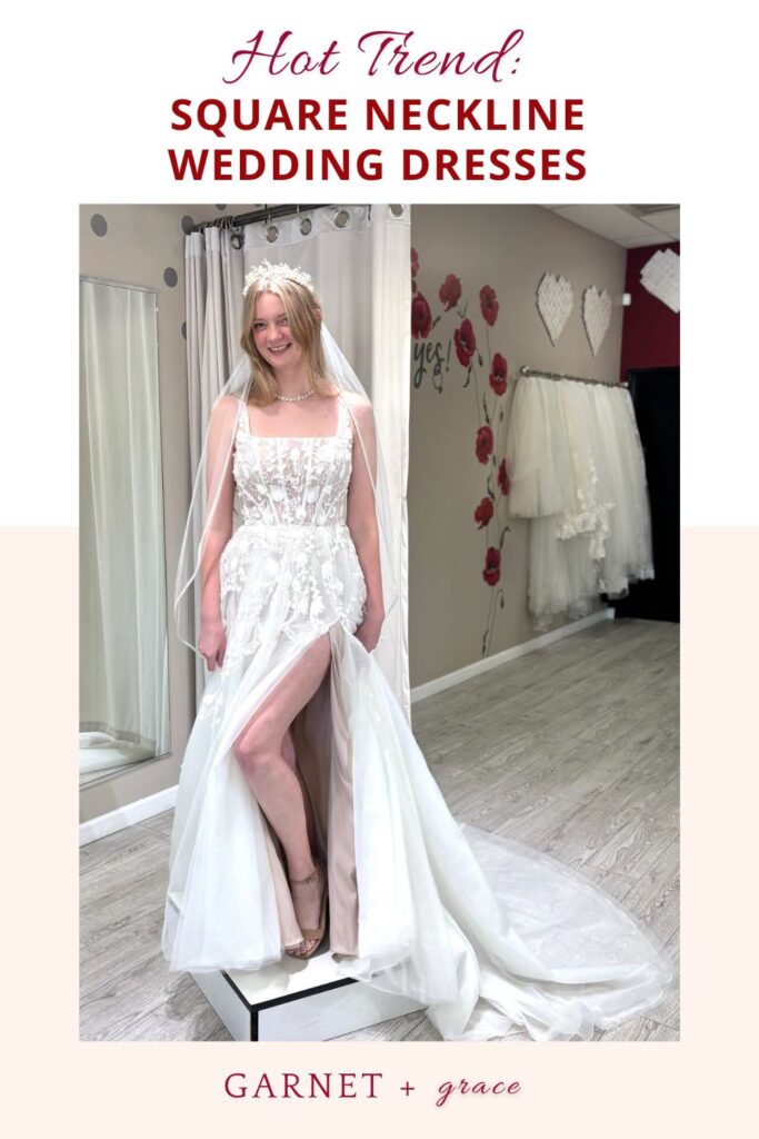 bride wearing square neckline wedding dress in off the rack bridal store whittier california