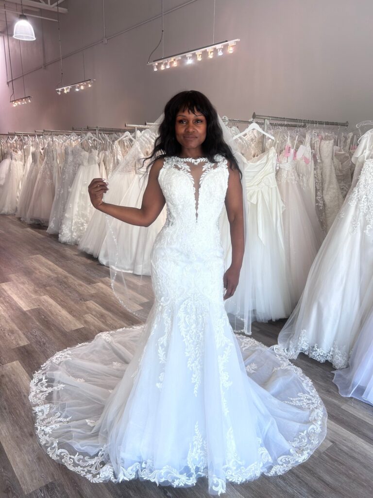 high neck lace fit and flare wedding dress oakland california bridal store