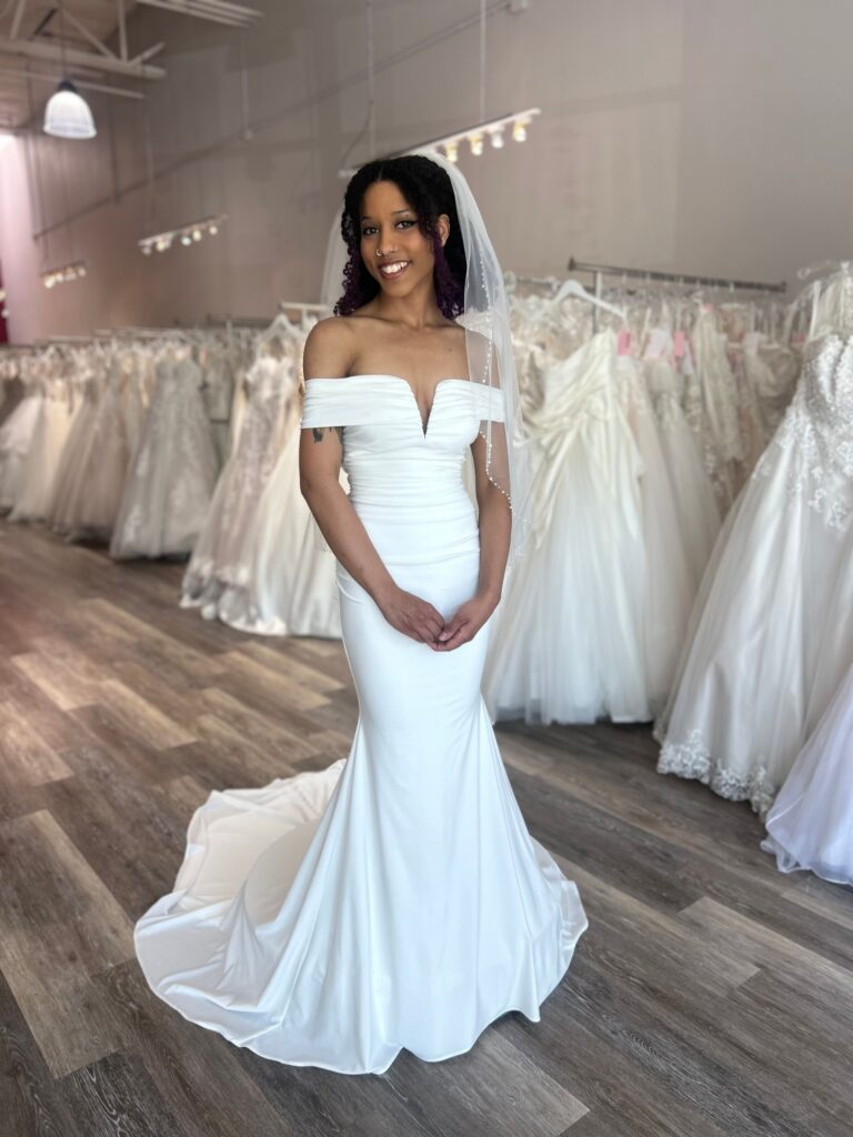 off the shoulder simple fit and flare wedding dress oakland california bridal store