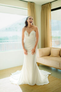 real bride wearing classic off the rack wedding dress