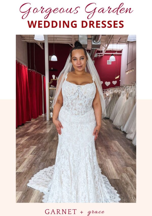plus size bride wearing gorgeous garden wedding dress in oakland california bridal store