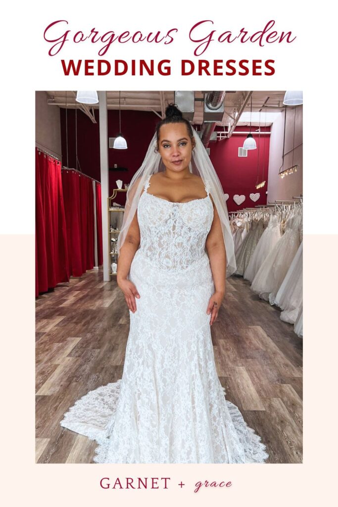 plus size bride wearing gorgeous garden wedding dress in oakland california bridal store
