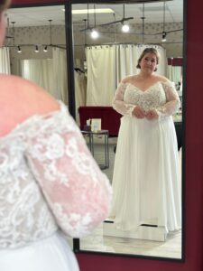 long sleeve inexpensive modest plus size wedding dress in whittier california bridal shop